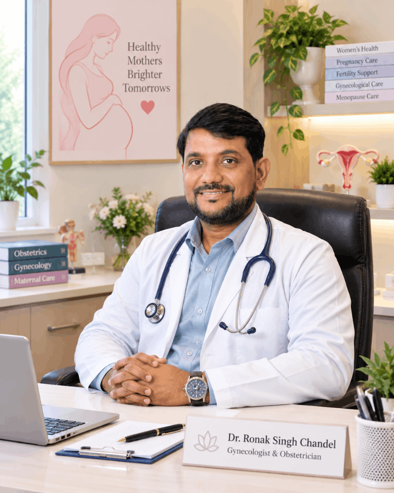 Dr. Ronak Singh Chandel in consultation office at SMT. Krishna Women's Wellness Clinic